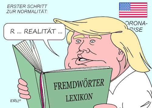 Cartoon: Erster Schritt (medium) by Erl tagged politik,corona,pandemie,usa,präsident,donald,trump,rechtspopulismus,leugnung,sündenbock,schritte,normalität,anerkennung,realität,fremdwort,karikatur,erl,politik,corona,pandemie,usa,präsident,donald,trump,rechtspopulismus,leugnung,sündenbock,schritte,normalität,anerkennung,realität,fremdwort,karikatur,erl