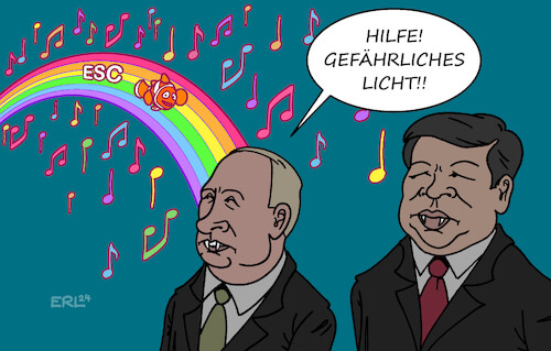 Cartoon: ESC (medium) by Erl tagged politik,kunst,musik,eurovision,song,contest,esc,2024,schweden,malmö,sieger,nemo,schweiz,nonbinär,vielfalt,lgbt,freiheit,toleranz,demokratie,meinungsfreiheit,gefahr,diktatoren,diktatur,homophobie,frauenfeindlichkeit,fremdenfeindlichkeit,finsternis,vampir,putin,xi,russland,china,licht,regenbogen,noten,farben,bunt,clownfisch,karikatur,erl,politik,kunst,musik,eurovision,song,contest,esc,2024,schweden,malmö,sieger,nemo,schweiz,nonbinär,vielfalt,lgbt,freiheit,toleranz,demokratie,meinungsfreiheit,gefahr,diktatoren,diktatur,homophobie,frauenfeindlichkeit,fremdenfeindlichkeit,finsternis,vampir,putin,xi,russland,china,licht,regenbogen,noten,farben,bunt,clownfisch,karikatur,erl