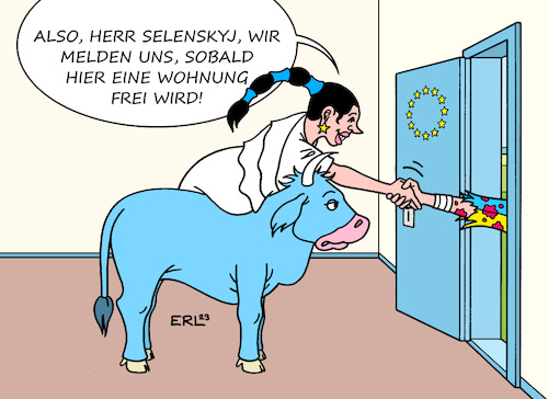 Cartoon: EU-Beitritt (medium) by Erl tagged politik,krieg,angriff,überfall,russland,ukraine,präsident,wolodymyr,selenskyj,besuch,eu,parlament,brüssel,werbung,beitritt,wohnung,haus,europa,stier,immobilienmakler,karikatur,erl,politik,krieg,angriff,überfall,russland,ukraine,präsident,wolodymyr,selenskyj,besuch,eu,parlament,brüssel,werbung,beitritt,wohnung,haus,europa,stier,immobilienmakler,karikatur,erl