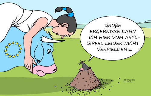 Cartoon: EU-Gipfel (medium) by Erl tagged politik,europa,europäische,union,eu,gipfel,beratung,asylkompromiss,verweigerung,blockade,polen,ungarn,rechtspopulismus,nationalismus,fremdenfeindlichkeit,stier,maulwurf,maulwurfshügel,maulwurfshaufen,karikatur,erl,politik,europa,europäische,union,eu,gipfel,beratung,asylkompromiss,verweigerung,blockade,polen,ungarn,rechtspopulismus,nationalismus,fremdenfeindlichkeit,stier,maulwurf,maulwurfshügel,maulwurfshaufen,karikatur,erl