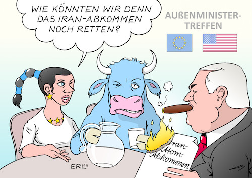 Cartoon: EU Pompeo (medium) by Erl tagged politik,atomabkommen,iran,usa,eu,russland,china,ausstieg,präsident,donald,trump,gespräche,außenminister,europa,stier,mike,pompeo,zigarre,feuer,löschen,karikatur,erl,politik,atomabkommen,iran,usa,eu,russland,china,ausstieg,präsident,donald,trump,gespräche,außenminister,europa,stier,mike,pompeo,zigarre,feuer,löschen,karikatur,erl