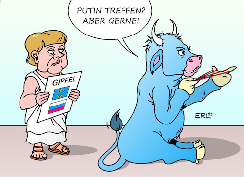 Cartoon: EU Putin (medium) by Erl tagged politik,eu,vorschlag,bundeskanzlerin,angela,merkel,gipfel,treffen,russland,präsident,wladimir,putin,ablehnung,misstrauen,geschichte,osteuropa,baltikum,europa,stier,karikatur,erl,politik,eu,vorschlag,bundeskanzlerin,angela,merkel,gipfel,treffen,russland,präsident,wladimir,putin,ablehnung,misstrauen,geschichte,osteuropa,baltikum,europa,stier,karikatur,erl