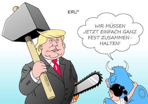 Cartoon: EU Strategie USA (medium) by Erl tagged politik,barack,obama,atomabkommen,iran,verbot,atomwaffen,gegenzug,aufhebung,sanktionen,usa,präsident,donald,trump,aussenpolitik,rechtspopulismus,nationalismus,aufkündigung,ausstieg,gefahr,atomares,wettrüsten,bombe,atombombe,pulverfass,eu,handel,strategie,diplomatie,rettung,europa,stier,hammer,kettensäge,karikatur,erl,politik,barack,obama,atomabkommen,iran,verbot,atomwaffen,gegenzug,aufhebung,sanktionen,usa,präsident,donald,trump,aussenpolitik,rechtspopulismus,nationalismus,aufkündigung,ausstieg,gefahr,atomares,wettrüsten,bombe,atombombe,pulverfass,eu,handel,strategie,diplomatie,rettung,europa,stier,hammer,kettensäge,karikatur,erl