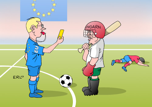 Cartoon: EU Ungarn (medium) by Erl tagged eu,vertragsverletzungsverfahren,ungarn,viktor,orban,abbau,demokratie,meinungsfreiheit,pressefreiheit,bildung,hochschulen,europa,werte,einhaltung,missachtung,regeln,fussball,baseball,boxen,buergerwehr,schiedsrichter,gelbe,karte,foul,foulspiel,karikatur,erl,eu,vertragsverletzungsverfahren,ungarn,viktor,orban,abbau,demokratie,meinungsfreiheit,pressefreiheit,bildung,hochschulen,europa,werte,einhaltung,missachtung,regeln,fussball,baseball,boxen,buergerwehr,schiedsrichter,gelbe,karte,foul,foulspiel,karikatur,erl