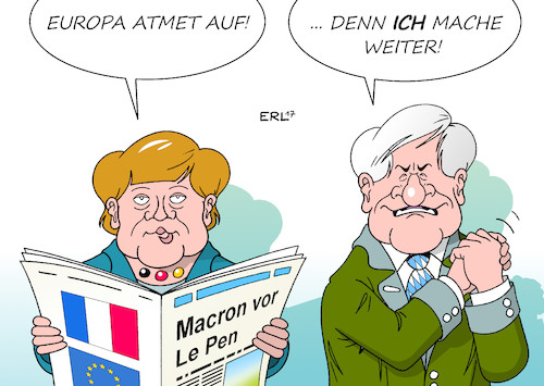 Cartoon: Europa atmet auf (medium) by Erl tagged frankreich,wahl,präsident,präsidentin,stichwahl,macron,unabhängig,le,pen,front,national,rechtspopulismus,rechtsextremismus,rassismus,fremdenfeindlichkeit,nationalismus,abschottung,europafeindlichkeit,frexit,euro,europa,aufatmen,bundeskanzlerin,angela,merkel,ministerpräsident,bayern,horst,seehofer,csu,vorsitz,weitermachen,karikatur,erl,frankreich,wahl,präsident,präsidentin,stichwahl,macron,unabhängig,le,pen,front,national,rechtspopulismus,rechtsextremismus,rassismus,fremdenfeindlichkeit,nationalismus,abschottung,europafeindlichkeit,frexit,euro,europa,aufatmen,bundeskanzlerin,angela,merkel,ministerpräsident,bayern,horst,seehofer,csu,vorsitz,weitermachen,karikatur,erl