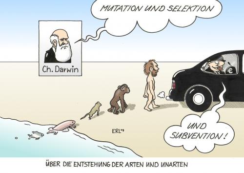 Cartoon: Evolution (medium) by Erl tagged charles,darwin,evolution,entstehung,arten,unarten,mutation,selektion,subvention,charles darwin,evolution,biologie,genetik,entstehung,arten,art,tier,tiere,mensch,menschheit,unarten,mutation,selektion,charles,darwin