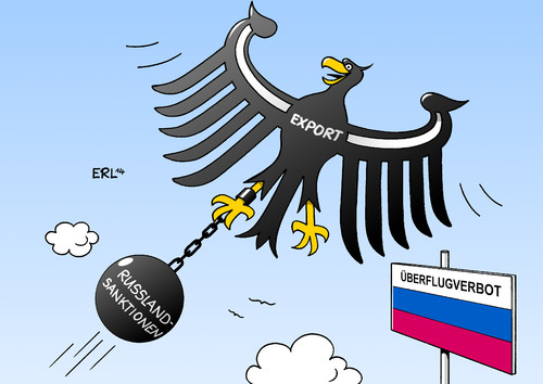 Cartoon: Export (medium) by Erl tagged deutschland,export,steigerung,rekord,russland,sanktionen,ukraine,krise,sanktionsspirale,überflugverbot,wirtschaft,finanzen,bundesadler,deutschland,export,steigerung,rekord,russland,sanktionen,ukraine,krise,sanktionsspirale,überflugverbot,wirtschaft,finanzen,bundesadler