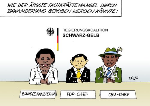 Cartoon: Fachkräftemangel (medium) by Erl tagged regierung,unternehmen,arbeitsmarkt,arbeit,fachkraft,fachkräftemangel,zuwanderung,inkompetenz,streit,fdp,csu,cdu,gelb,schwarz,fachkräftemangel,fachkraft,arbeit,arbeitsmarkt,csu,fdp,cdu,gelb,schwarz