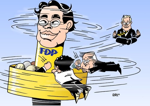 Cartoon: FDP (medium) by Erl tagged fdp,vorsitz,guido,westerwelle,philipp,rösler,generalsekretärin,birgit,homburger,bundeswirtschaftsminister,rainer,brüderle,amt,festhalten,neuanfang,personalkarussell,fdp,vorsitz,guido westerwelle,philipp rösler,generalsekretärin,bundeswirtschaftsminister,brüderle,amt,festhalten,neuanfang,personalkarussell,guido,westerwelle,philipp,rösler