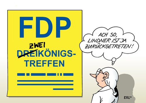 Cartoon: FDP Dreikönigstreffen (medium) by Erl tagged rösler,philipp,vorsitz,partei,führungskrise,krise,rücktritt,lindner,christian,generalsekretär,dreikönigstreffen,fdp,fdp,dreikönigstreffen,generalsekretär,lindner,rücktritt,krise,führungskrise,rösler,vorsitz