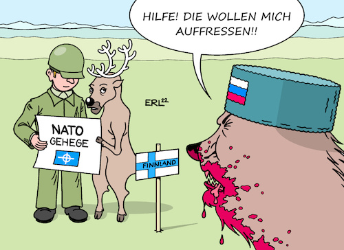 Cartoon: Finnland (medium) by Erl tagged politik,krieg,angriff,überfall,kriegsverbrechen,wladimir,putin,russland,ukraine,angst,schweden,finnland,aufgabe,neutralität,schutz,mitgliedschaft,nato,bär,raubtier,ren,beute,fressen,karikatur,erl,politik,krieg,angriff,überfall,kriegsverbrechen,wladimir,putin,russland,ukraine,angst,schweden,finnland,aufgabe,neutralität,schutz,mitgliedschaft,nato,bär,raubtier,ren,beute,fressen,karikatur,erl