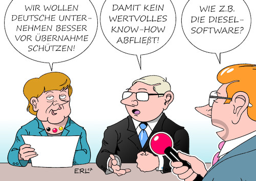 Cartoon: Firmen-Know-How (medium) by Erl tagged bundesregierung,schutz,firmen,unternehmen,deutschland,übernahme,investoren,ausland,technik,know,how,infrastruktur,dieselgate,diesel,abgas,test,manipulation,software,vw,audi,daimler,porsche,merkel,karikatur,erl,bundesregierung,schutz,firmen,unternehmen,deutschland,übernahme,investoren,ausland,technik,know,how,infrastruktur,dieselgate,diesel,abgas,test,manipulation,software,vw,audi,daimler,porsche,merkel,karikatur,erl