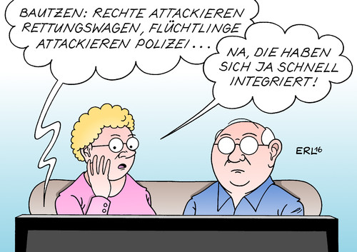 Cartoon: Flüchtlinge Bautzen (medium) by Erl tagged bautzen,auseinandersetzung,rechte,rechtsradikale,flüchtlinge,attacke,angriff,rettungswagen,polizei,gewalt,flaschen,fremdenfeindlichkeit,aggression,integration,karikatur,erl,bautzen,auseinandersetzung,rechte,rechtsradikale,flüchtlinge,attacke,angriff,rettungswagen,polizei,gewalt,flaschen,fremdenfeindlichkeit,aggression,integration,karikatur,erl