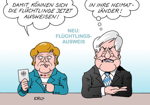 Cartoon: Flüchtlingsausweis (medium) by Erl tagged heimatland,abschieben,auseisen,bayern,seehofer,horst,ministerpräsident,csu,spd,cdu,koalition,große,regierung,merkel,angela,bundeskanzlerin,ordnung,erfassung,daten,asyl,asylanten,flüchtlinge,ausweis,flüchtlingsausweis,karikatur,erl,flüchtlingsausweis,ausweis,flüchtlinge,daten,erfassung,ordnung,bundeskanzlerin,angela,merkel,regierung,große,koalition,cdu,spd,csu,ministerpräsident,horst,seehofer,bayern,auseisen,abschieben,heimatland,karikatur,erl