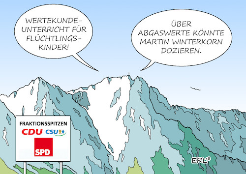 Cartoon: Fraktionsspitzen I (medium) by Erl tagged politik,treffen,zugspitze,gipfel,fraktionen,cdu,csu,spd,bundesregierung,union,forderung,wertekunde,unterricht,flüchtlingskinder,flüchtlinge,kinder,kultur,werte,deutschland,vw,volkswagen,dieselaffäre,diesel,abgastest,abgaswerte,manipulation,software,betrug,anklage,usa,ex,vorstandsvorsitzender,martin,winterkorn,karikatur,erl,politik,treffen,zugspitze,gipfel,fraktionen,cdu,csu,spd,bundesregierung,union,forderung,wertekunde,unterricht,flüchtlingskinder,flüchtlinge,kinder,kultur,werte,deutschland,vw,volkswagen,dieselaffäre,diesel,abgastest,abgaswerte,manipulation,software,betrug,anklage,usa,ex,vorstandsvorsitzender,martin,winterkorn,karikatur,erl