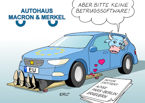 Cartoon: Frankreich Deutschland (medium) by Erl tagged frankreich,deutschland,ministerrat,minister,treffen,präsident,emmanuel,macron,bundeskanzlerin,angela,merkel,achse,paris,berlin,motor,eu,stottern,auto,werkstatt,reparatur,inspektion,automechatroniker,betrugssoftware,diesel,abgase,europa,stier,karikatur,erl,frankreich,deutschland,ministerrat,minister,treffen,präsident,emmanuel,macron,bundeskanzlerin,angela,merkel,achse,paris,berlin,motor,eu,stottern,auto,werkstatt,reparatur,inspektion,automechatroniker,betrugssoftware,diesel,abgase,europa,stier,karikatur,erl