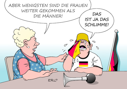 Cartoon: Frauen-Fußball-Weltmeisterschaft (medium) by Erl tagged politik,sport,fußball,frauen,frauenfußball,weltmeisterschaft,2019,fußballweltmeisterschaft,deutschland,aus,viertelfinale,männer,2018,vorrunde,fan,trost,karikatur,erl,politik,sport,fußball,frauen,frauenfußball,weltmeisterschaft,2019,fußballweltmeisterschaft,deutschland,aus,viertelfinale,männer,2018,vorrunde,fan,trost,karikatur,erl