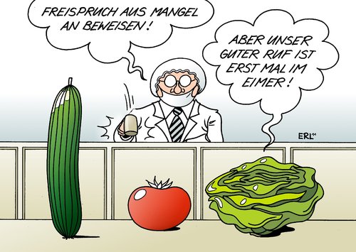 Cartoon: Freispruch (medium) by Erl tagged ehec,bakterium,keim,krankheit,verdacht,gurke,tomate,salat,freispruch,robert,koch,institut,gesundheitsamt,gesundheit,ruf,eimer,warnung,sprossen,bakterium,keim,salat,freispruch,robert koch institut,gesundheitsamt,gesundheit,eimer,warnung,sprossen,robert,koch,institut