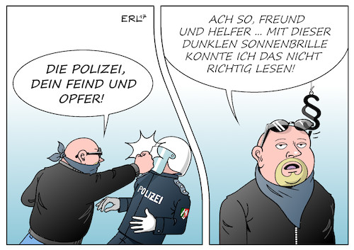 Cartoon: Freund und Helfer (medium) by Erl tagged gewalt,bürger,gegen,polizei,feuerwehr,rettungskräfte,verrohung,gesellschaft,egoismus,bundeskabinett,gesetz,haftstrafe,haft,paragraf,sonnenbrille,dunkelheit,lesen,augen,öffnen,karikatur,erl,polizei,gewalt