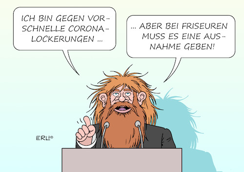 Cartoon: Friseure (medium) by Erl tagged politik,corona,pandemie,virus,covid19,kontaktverbot,diskussion,lockerungen,normalität,friseure,haare,karikatur,erl,politik,corona,pandemie,virus,covid19,kontaktverbot,diskussion,lockerungen,normalität,friseure,haare,karikatur,erl