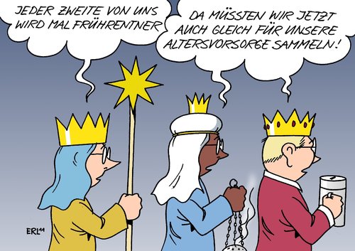 Cartoon: Frührentner (medium) by Erl tagged kinder,kind,altersvorsorge,dreikönig,heilig,dreikönige,heilige,sammeln,sternsinger,prognose,vorhersage,statistik,rente,alter,armut,altersarmut,frührentner,frührentner,rentner,rente,alter,statistik,vorhersage,prognose,sternsinger,sammeln