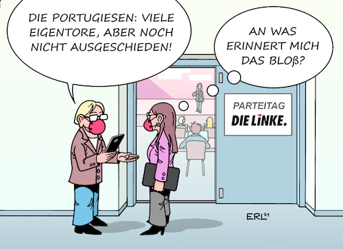 Cartoon: Fußball und Politik (medium) by Erl tagged politik,partei,die,linke,parteitag,bundestagswahl,wahlkampf,streit,eigentore,sport,fußball,europameisterschaft,em,spiel,deutschland,portugal,karikatur,erl,politik,partei,die,linke,parteitag,bundestagswahl,wahlkampf,streit,eigentore,sport,fußball,europameisterschaft,em,spiel,deutschland,portugal,karikatur,erl