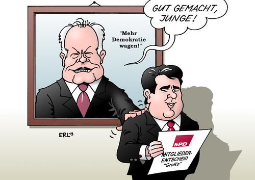 Cartoon: Gabriels Gesellenstück (medium) by Erl tagged spd,mitgliederentscheid,basis,abstimmung,große,koalition,groko,schwarz,rot,cdu,csu,zustimmung,demokratie,direkt,willy,brandt,lob,gesellenstück,karikatur,erl,spd,mitgliederentscheid,basis,abstimmung,große,koalition,groko,schwarz,rot,cdu,csu,zustimmung,demokratie,direkt,willy,brandt,lob,gesellenstück