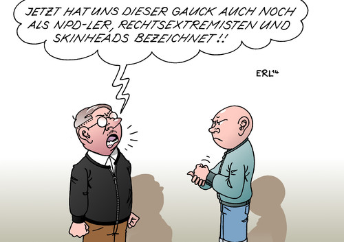 Cartoon: Gauck NPD (medium) by Erl tagged bundespräsident,joachim,gauck,npd,spinner,rechtsextremismus,skinheads,klage,bundesverfassungsgericht,neutralität,bundespräsident,joachim,gauck,npd,spinner,rechtsextremismus,skinheads,klage,bundesverfassungsgericht,neutralität