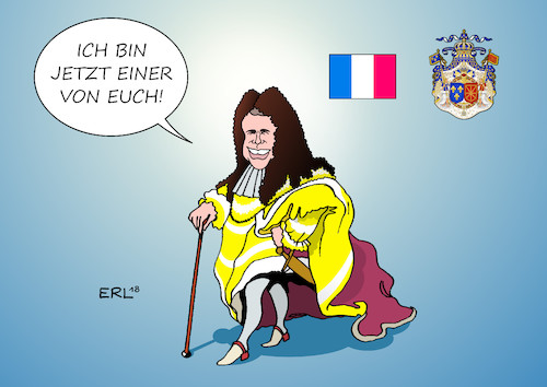 Cartoon: Gelbweste Macron (medium) by Erl tagged politik,frankreich,ökosteuer,verteuerung,lebenshaltung,arme,abschaffung,reichensteuer,proteste,gelbwesten,gewalt,ausschreitungen,regierung,aufschub,nachgeben,präsident,macron,abgehobenheit,sonnenkönig,absolutismus,ansprache,volk,fernsehen,solidarität,entschuldigung,reichtum,armut,sozial,spaltung,karikatur,erl,politik,frankreich,ökosteuer,verteuerung,lebenshaltung,arme,abschaffung,reichensteuer,proteste,gelbwesten,gewalt,ausschreitungen,regierung,aufschub,nachgeben,präsident,macron,abgehobenheit,sonnenkönig,absolutismus,ansprache,volk,fernsehen,solidarität,entschuldigung,reichtum,armut,sozial,spaltung,karikatur,erl