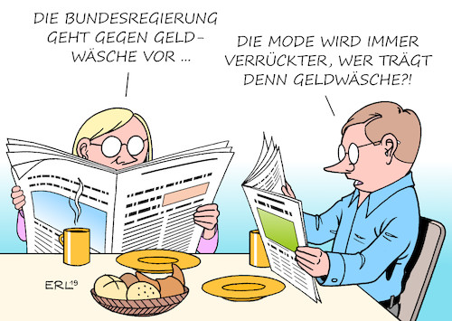 Cartoon: Geldwäsche (medium) by Erl tagged politik,kriminalität,geld,geldwäsche,immobilien,vorstoß,bundesregierung,gesetzentwurf,mode,wäsche,frühstück,zeitung,karikatur,erl,politik,kriminalität,geld,geldwäsche,immobilien,vorstoß,bundesregierung,gesetzentwurf,mode,wäsche,frühstück,zeitung,karikatur,erl