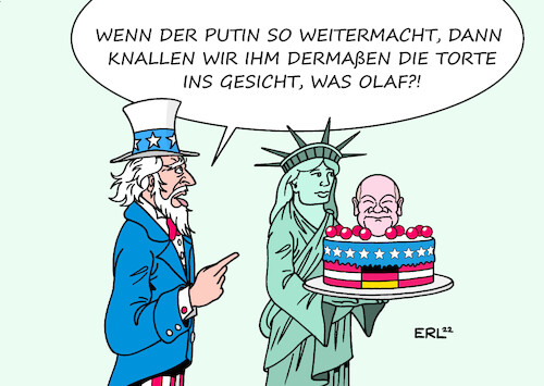 Cartoon: Gemeinsam gegen Putin (medium) by Erl tagged politik,konflikt,russland,ukraine,westen,nato,usa,eu,deutschland,nord,stream,gas,pipeline,druckmittel,sanktionen,klartext,position,bundeskanzler,olaf,scholz,verbündete,uncle,sam,liberty,freiheitsstatue,torte,gesicht,karikatur,erl,politik,konflikt,russland,ukraine,westen,nato,usa,eu,deutschland,nord,stream,gas,pipeline,druckmittel,sanktionen,klartext,position,bundeskanzler,olaf,scholz,verbündete,uncle,sam,liberty,freiheitsstatue,torte,gesicht,karikatur,erl