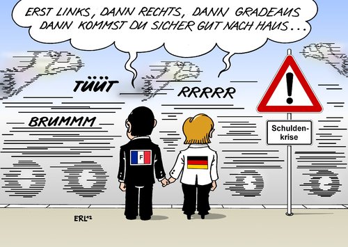 Cartoon: gemeinsam gehen (medium) by Erl tagged frankreich,deutschland,achse,paris,berlin,europa,eu,francois,hollande,präsident,angela,merkel,bundeskanzlerin,schuldenkrise,kurs,gehen,gemeinsam,verkehr,verkehrszeichen,pleitegeier,frankreich,deutschland,achse,paris,berlin,europa,eu,hollande