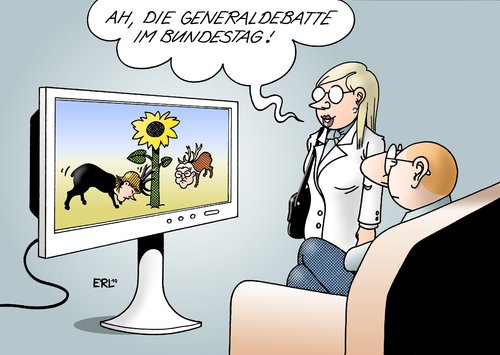 Cartoon: Generaldebatte (medium) by Erl tagged bundestag,kanzlerin,oppositionsführer,regierung,cdu,csu,fdp,opposition,spd,grüne,linke,hirsch,sonnenblume,generaldebatte,bundestag,kanzlerin,oppositionsführer,regierung,cdu,csu,fdp,opposition,spd,grüne,linke,hirsch,sonnenblume,generaldebatte