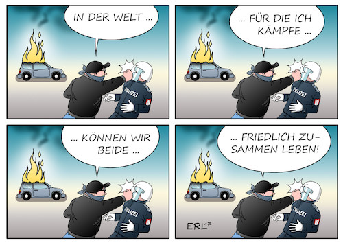 Cartoon: Gerechtere Welt (medium) by Erl tagged g20,gipfel,hamburg,treffen,industrieländer,schwellenländer,welt,globalisierung,globalisierungsgegner,linksautonome,linksradikale,schwarzer,block,randale,krawalle,gewalt,zerstörung,feuer,auto,brand,anzünden,prügel,polizei,kampf,gerechtigkeit,frieden,paradox,karikatur,erl,g20,gipfel,hamburg,treffen,industrieländer,schwellenländer,welt,globalisierung,globalisierungsgegner,linksautonome,linksradikale,schwarzer,block,randale,krawalle,gewalt,zerstörung,feuer,auto,brand,anzünden,prügel,polizei,kampf,gerechtigkeit,frieden,paradox,karikatur,erl