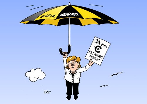 Cartoon: Gerettet (medium) by Erl tagged euro,krise,schulden,griechenland,rettungsschirm,abstimmung,bundestag,regierung,koalition,schwarz,gelb,cdu,csu,fdp,mehrheit,kanzlermehrheit,wackelig,zitterpartie,bundeskanzlerin,angela,merkel,schicksalstag,euro,krise,griechenland,rettungsschirm,abstimmung,bundestag,regierung,koalition,cdu,gelb,csu,fdp,mehrheit,merkel