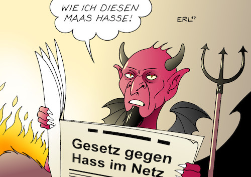 Cartoon: Gesetz gegen Hass (medium) by Erl tagged internet,netz,social,media,facebook,twitter,hass,hasskommentare,hassbotschaften,aufruf,körperverletzung,stalking,mord,gesetz,justizminister,heiko,maas,mitwirkung,internetkonzerne,hölle,teufel,feuer,zeitung,nachrichten,karikatur,erl,internet,netz,social,media,facebook,twitter,hass,hasskommentare,hassbotschaften,aufruf,körperverletzung,stalking,mord,gesetz,justizminister,heiko,maas,mitwirkung,internetkonzerne,hölle,teufel,feuer,zeitung,nachrichten,karikatur,erl