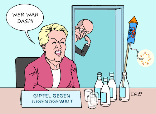 Cartoon: Gipfel gegen Jugendgewalt (medium) by Erl tagged politik,silvester,berlin,rettungskräfte,polizei,feuerwehr,angriffe,böller,feuerwerk,menschenmenge,jugendliche,migrationshintergrund,reaktion,bürgermeisterin,franziska,giffey,gipfel,gegen,jugendgewalt,kritik,opposition,cdu,friedrich,merz,silvesterrakete,wahlkampf,karikatur,erl,politik,silvester,berlin,rettungskräfte,polizei,feuerwehr,angriffe,böller,feuerwerk,menschenmenge,jugendliche,migrationshintergrund,reaktion,bürgermeisterin,franziska,giffey,gipfel,gegen,jugendgewalt,kritik,opposition,cdu,friedrich,merz,silvesterrakete,wahlkampf,karikatur,erl