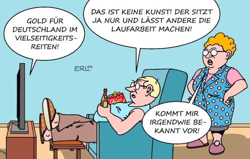 Cartoon: Goldschatz (medium) by Erl tagged politik,sport,gesellschaft,mann,frau,ehe,partnerschaft,arbeit,hausarbeit,aufteilung,ungerecht,sitzen,fernsehen,sportübertragung,olympische,sommerspiele,paris,2024,gold,deutschland,vielseitigkeitsreiten,reiten,pferd,reiter,medaille,goldmedaille,karikatur,erl,politik,sport,gesellschaft,mann,frau,ehe,partnerschaft,arbeit,hausarbeit,aufteilung,ungerecht,sitzen,fernsehen,sportübertragung,olympische,sommerspiele,paris,2024,gold,deutschland,vielseitigkeitsreiten,reiten,pferd,reiter,medaille,goldmedaille,karikatur,erl