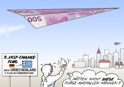 Cartoon: Griechenlandflug (medium) by Erl tagged griechenland,schulden,krise,pleite,rettungspaket,geld,euro,steuerzahler,flug,flughafen,streik,griechenland,schulden,krise,pleite,rettungspaket,geld,euro,steuerzahler,flug,flughafen