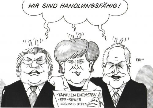 Cartoon: Große Koalition (medium) by Erl tagged spd,cdu,csu,beck,merkel,huber,spd,cdu,csu,beck,merkel,huber,familie,entlastungen,hasenohren,gruppenfoto,misstrauen,kfz,steuern,bildung,arbeitlose,handlungsfähigkeit,koalition,bündnisse,absprache