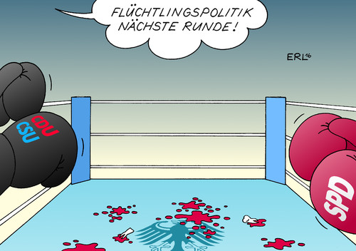 Cartoon: Große Koalition (medium) by Erl tagged flüchtlinge,eu,deutschland,streit,politik,regierung,große,koalition,schwarz,rot,cdu,csu,spd,flüchtlingspolitik,integration,mindestlohn,boxen,boxkampf,boxring,boxhandschuhe,zahn,blut,bundesadler,karikatur,erl,flüchtlinge,eu,deutschland,streit,politik,regierung,große,koalition,schwarz,rot,cdu,csu,spd,flüchtlingspolitik,integration,mindestlohn,boxen,boxkampf,boxring,boxhandschuhe,zahn,blut,bundesadler,karikatur,erl