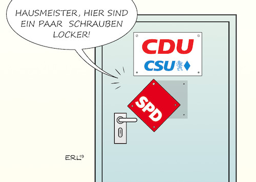 Cartoon: Große Koalition (medium) by Erl tagged politik,partei,spd,umfragetief,wahlniederlagen,rücktritt,andrea,nahles,parteivorsitz,fraktionsvorsitz,konsequenzen,grosse,koalition,groko,bundeskanzlerin,angela,merkel,instabilität,volkspartein,niedergang,cdu,csu,schrauben,locker,karikatur,erl,politik,partei,spd,umfragetief,wahlniederlagen,rücktritt,andrea,nahles,parteivorsitz,fraktionsvorsitz,konsequenzen,grosse,koalition,groko,bundeskanzlerin,angela,merkel,instabilität,volkspartein,niedergang,cdu,csu,schrauben,locker,karikatur,erl