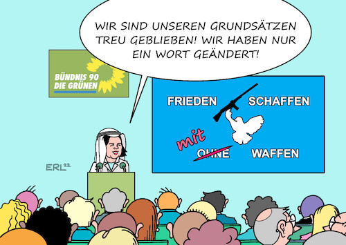 Cartoon: Grüne Grundsätze (medium) by Erl tagged politik,partei,parteitag,bündnis90,die,grünen,grüne,beschluss,ukraine,waffen,waffenlieferungen,aussenministerin,annalena,baerbock,saudi,arabien,rote,linie,friedenspartei,pazifimus,wurzeln,grundsätze,karikatur,erl,politik,partei,parteitag,bündnis90,die,grünen,grüne,beschluss,ukraine,waffen,waffenlieferungen,aussenministerin,annalena,baerbock,saudi,arabien,rote,linie,friedenspartei,pazifimus,wurzeln,grundsätze,karikatur,erl