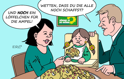 Cartoon: Grüne Jugend (medium) by Erl tagged politik,partei,bündnis,90,die,grünen,grüne,parteitag,jugend,unzufriedenheit,kompromisse,koalition,ampel,spd,fdp,kröten,migration,schlucken,essen,füttern,eltern,kind,annalena,baerbock,robert,habeck,karikatur,erl,politik,partei,bündnis,90,die,grünen,grüne,parteitag,jugend,unzufriedenheit,kompromisse,koalition,ampel,spd,fdp,kröten,migration,schlucken,essen,füttern,eltern,kind,annalena,baerbock,robert,habeck,karikatur,erl