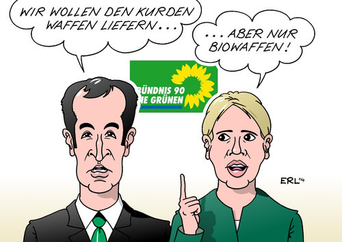 Cartoon: Grüne Waffen (medium) by Erl tagged bündnis,90,die,grünen,grüne,partei,parteitag,position,waffen,lieferung,waffenlieferung,kurden,kampf,is,staat,biowaffen,cem,özdemir,simone,peter,vorsitzende,karikatur,erl,bündnis,90,die,grünen,grüne,partei,parteitag,position,waffen,lieferung,waffenlieferung,kurden,kampf,is,staat,biowaffen,cem,özdemir,simone,peter,vorsitzende