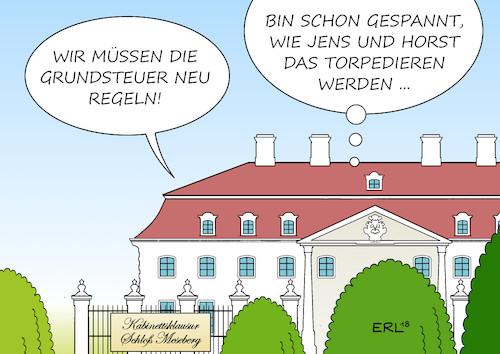 Cartoon: Grundsteuer (medium) by Erl tagged politik,grundsteuer,bundesverfassungsgericht,urteil,verfassungswidrig,neuregelung,bundesregierung,cdu,csu,spd,quertreiber,jens,spahn,horst,seehofer,kabinett,klausur,schloss,meseberg,karikatur,erl,politik,grundsteuer,bundesverfassungsgericht,urteil,verfassungswidrig,neuregelung,bundesregierung,cdu,csu,spd,quertreiber,jens,spahn,horst,seehofer,kabinett,klausur,schloss,meseberg,karikatur,erl