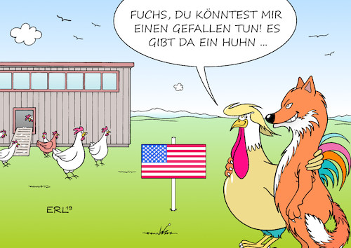 Cartoon: Hahn Donald (medium) by Erl tagged politik,usa,donald,trump,impeachment,amtsenthebungsverfahren,telefonat,präsident,ukraine,wolodymyr,selenskyj,drängen,gefallen,untersuchung,sohn,joe,biden,demokrat,präsidentschaft,bewerber,konkurrent,wahl,russland,affäre,australien,hahn,huhn,hühner,fuchs,karikatur,erl,politik,usa,donald,trump,impeachment,amtsenthebungsverfahren,telefonat,präsident,ukraine,wolodymyr,selenskyj,drängen,gefallen,untersuchung,sohn,joe,biden,demokrat,präsidentschaft,bewerber,konkurrent,wahl,russland,affäre,australien,hahn,huhn,hühner,fuchs,karikatur,erl