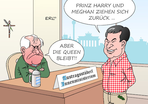 Cartoon: Harry Meghan Horst Markus (medium) by Erl tagged politik,großbritannien,gb,uk,royals,königshaus,prinz,harry,ehefrau,meghan,rückzug,royale,pflichten,markus,söder,andeutung,bundeskabinett,verjüngung,horst,seehofer,innenminister,queen,elizabeth,karikatur,erl,politik,großbritannien,gb,uk,royals,königshaus,prinz,harry,ehefrau,meghan,rückzug,royale,pflichten,markus,söder,andeutung,bundeskabinett,verjüngung,horst,seehofer,innenminister,queen,elizabeth,karikatur,erl