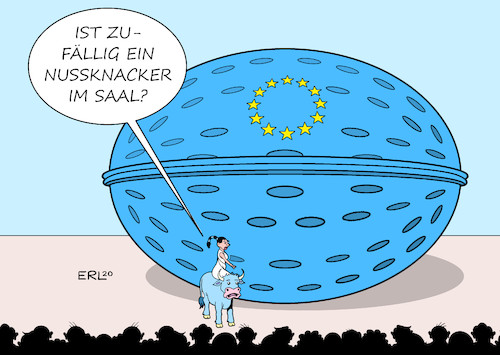 Cartoon: Harte Nuss (medium) by Erl tagged politik,corona,virus,pandemie,gesundheit,einbruch,wirtschaft,konjunktur,eu,gipfel,beratung,wiederaufbau,geld,hilfen,streit,darlehen,schulden,zuschuss,eurobonds,sparkurs,solidarität,solidität,spaltung,nord,süd,ost,west,orban,rechtsstaatlichkeit,blockade,europa,stier,harte,nuss,nussknacker,karikatur,erl,politik,corona,virus,pandemie,gesundheit,einbruch,wirtschaft,konjunktur,eu,gipfel,beratung,wiederaufbau,geld,hilfen,streit,darlehen,schulden,zuschuss,eurobonds,sparkurs,solidarität,solidität,spaltung,nord,süd,ost,west,orban,rechtsstaatlichkeit,blockade,europa,stier,harte,nuss,nussknacker,karikatur,erl