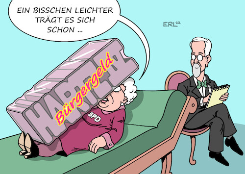 Cartoon: Hartz-IV-Trauma SPD (medium) by Erl tagged politik,arbeit,arbeitslosigkeit,einführung,bürgergeld,spd,überwindung,hartz,iv,trauma,verpackung,neu,psychotherapie,psychoanalyse,couch,sigmund,freud,karikatur,erl,politik,arbeit,arbeitslosigkeit,einführung,bürgergeld,spd,überwindung,hartz,iv,trauma,verpackung,neu,psychotherapie,psychoanalyse,couch,sigmund,freud,karikatur,erl